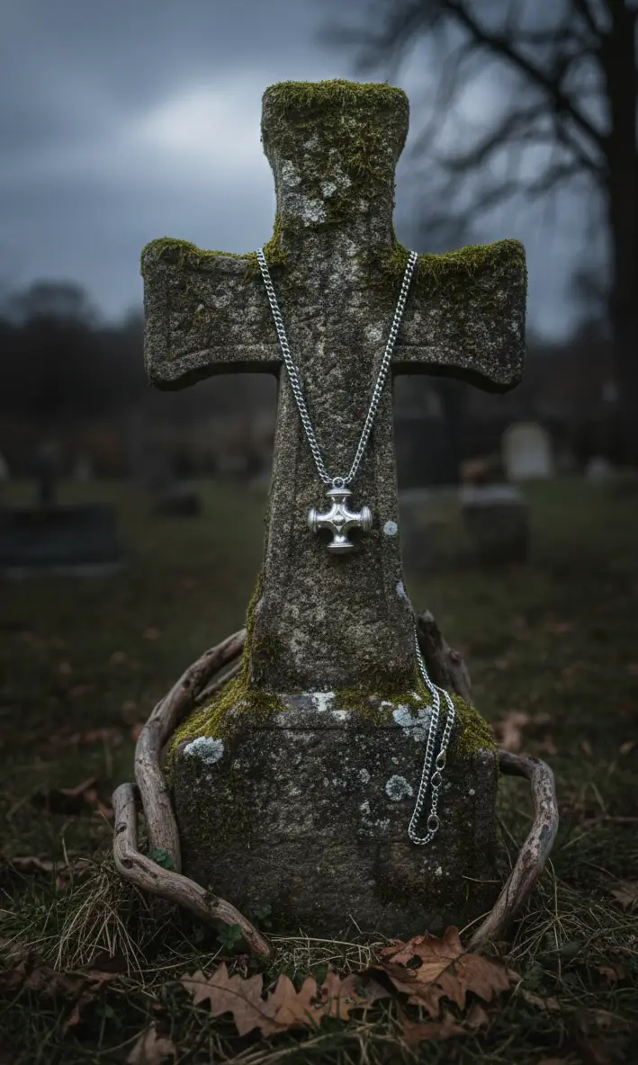 AMULETTE the cross hängt an einem alten steinkreuz